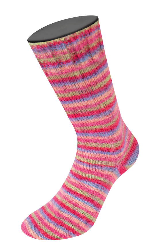 Meil. 100 Cosy Socks Multi stripes - 0152 Cerise/aprikos/grön/lila