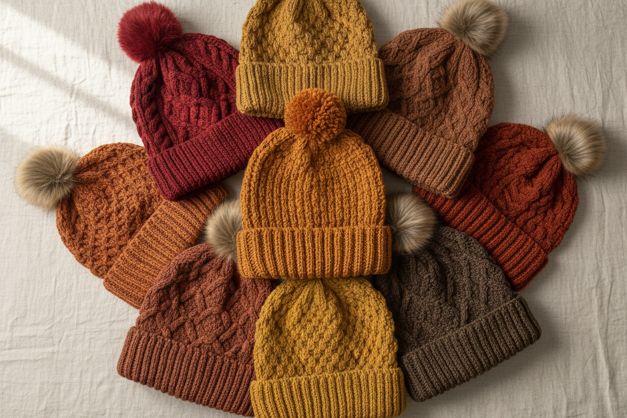 Stickade mössor i varma färger